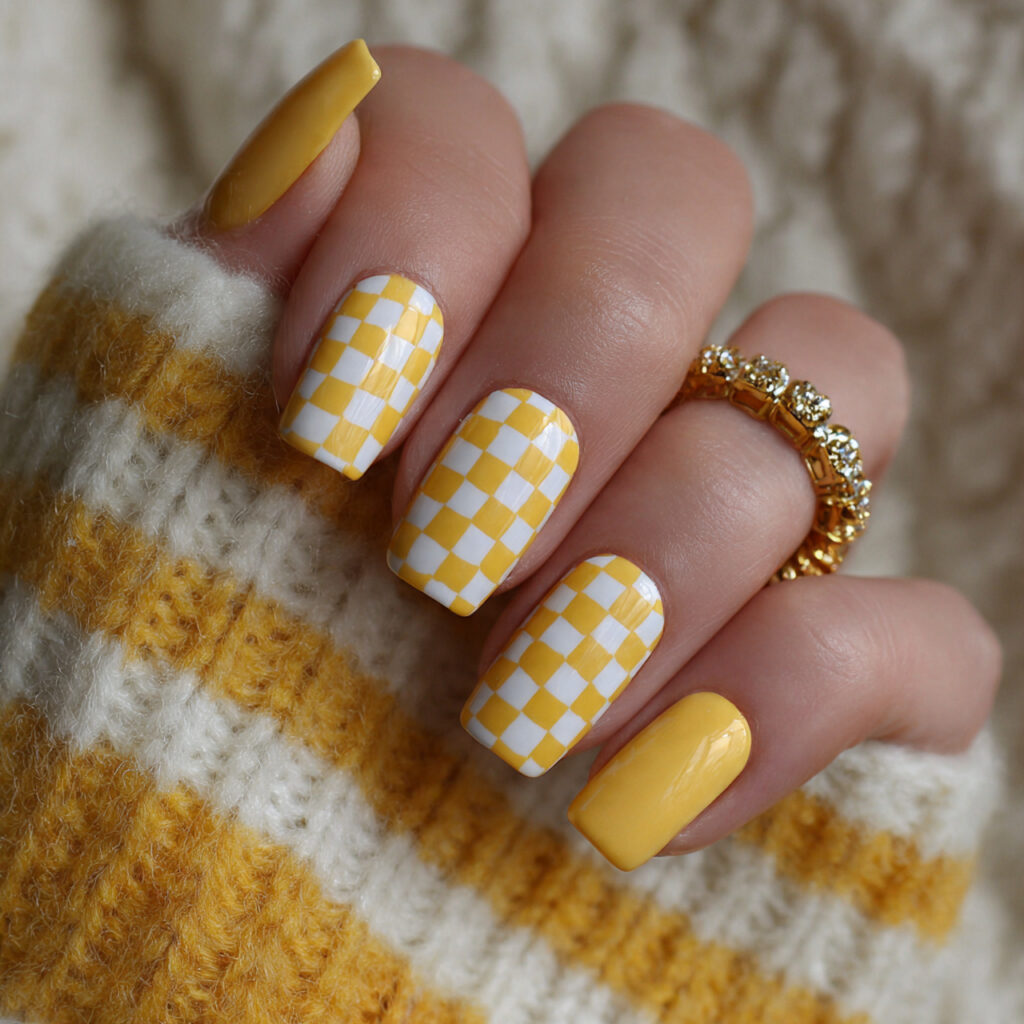 checkerboard chic butter yellow nails pin style