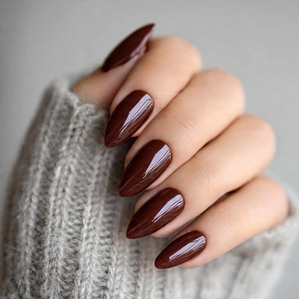 chocolate brown almond nails look stunning on 1