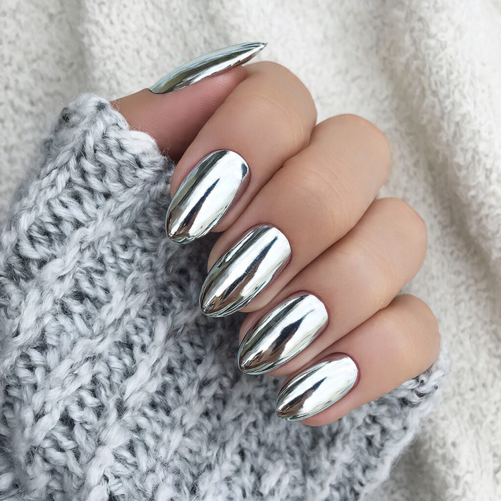 chrome almond nails give a mirror like shine