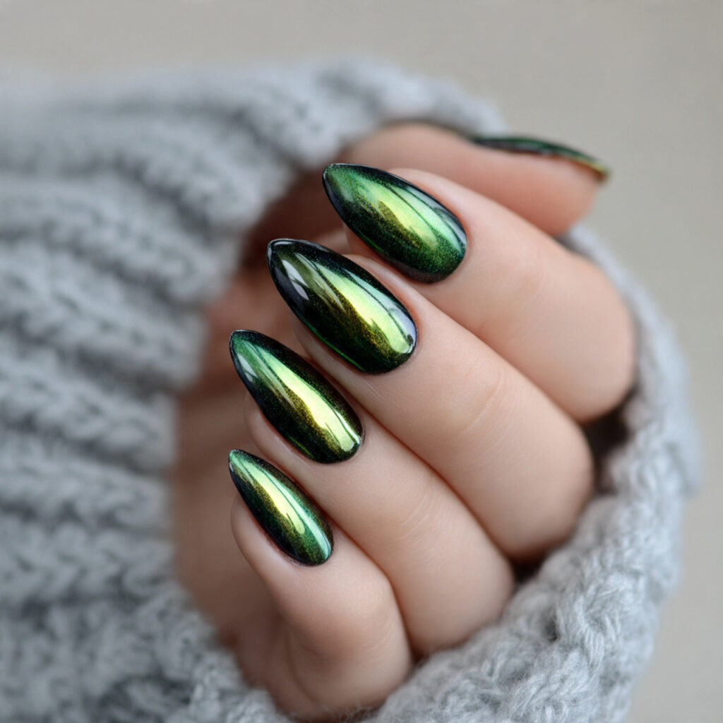 27 Dark Green Winter Nails for a Rich and Cozy Look 12 chrome dark green winter nails