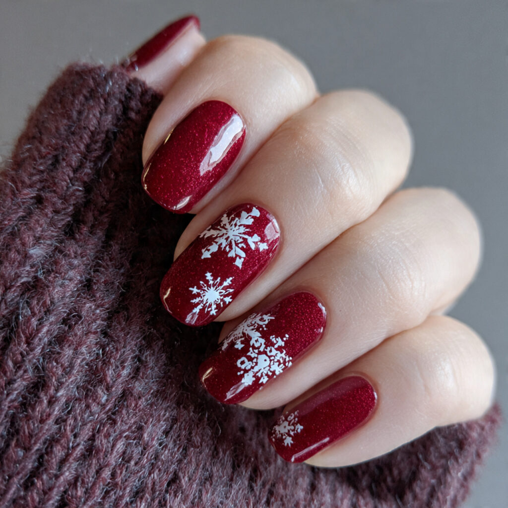 classic crimson snowflake nails feel timeless and