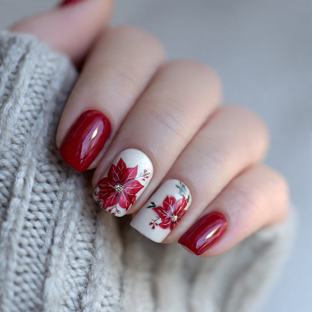 classic red accent poinsettia nails focus on