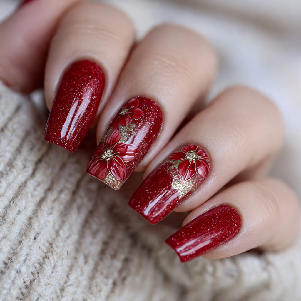 classic red sparkle poinsettia nails embracing traditional