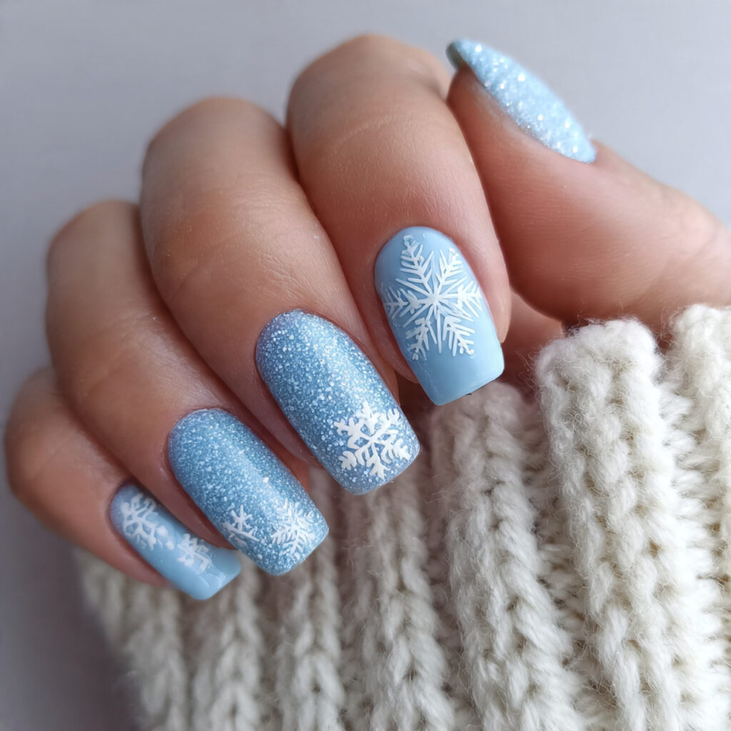 classic snowflake sparkle light blue nails feel