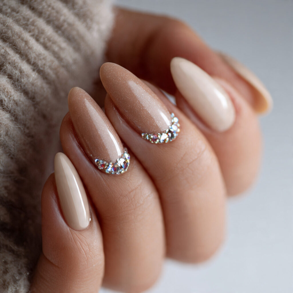 close up of almond shaped nails decorated with small