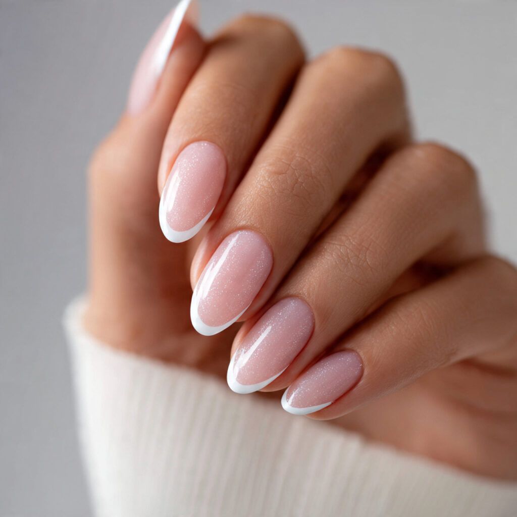 close up of almond shaped nails with a clean