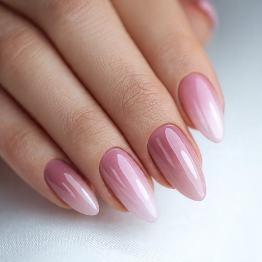 close up of almond shaped nails with a smooth