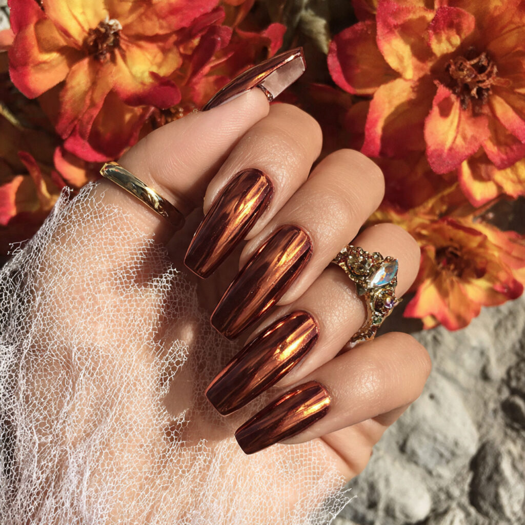 copper chrome nails shine like autumn leaves