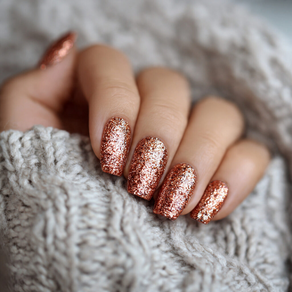 copper glitter nails bring sparkle and warmth