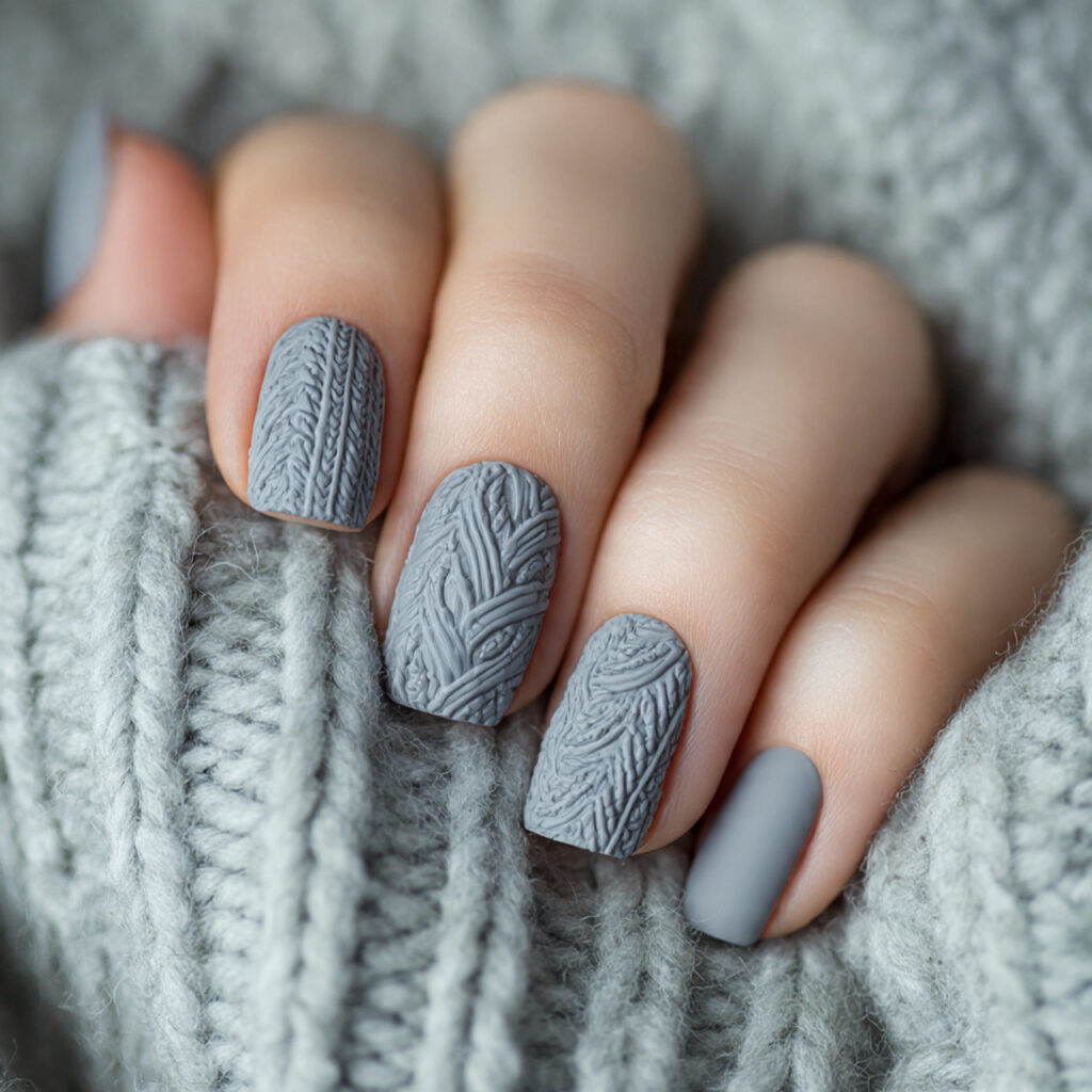 27 Gray Winter Nails That Feel Cozy, Chic, and Cool 22 cozy knit swirl gray winter nails feel