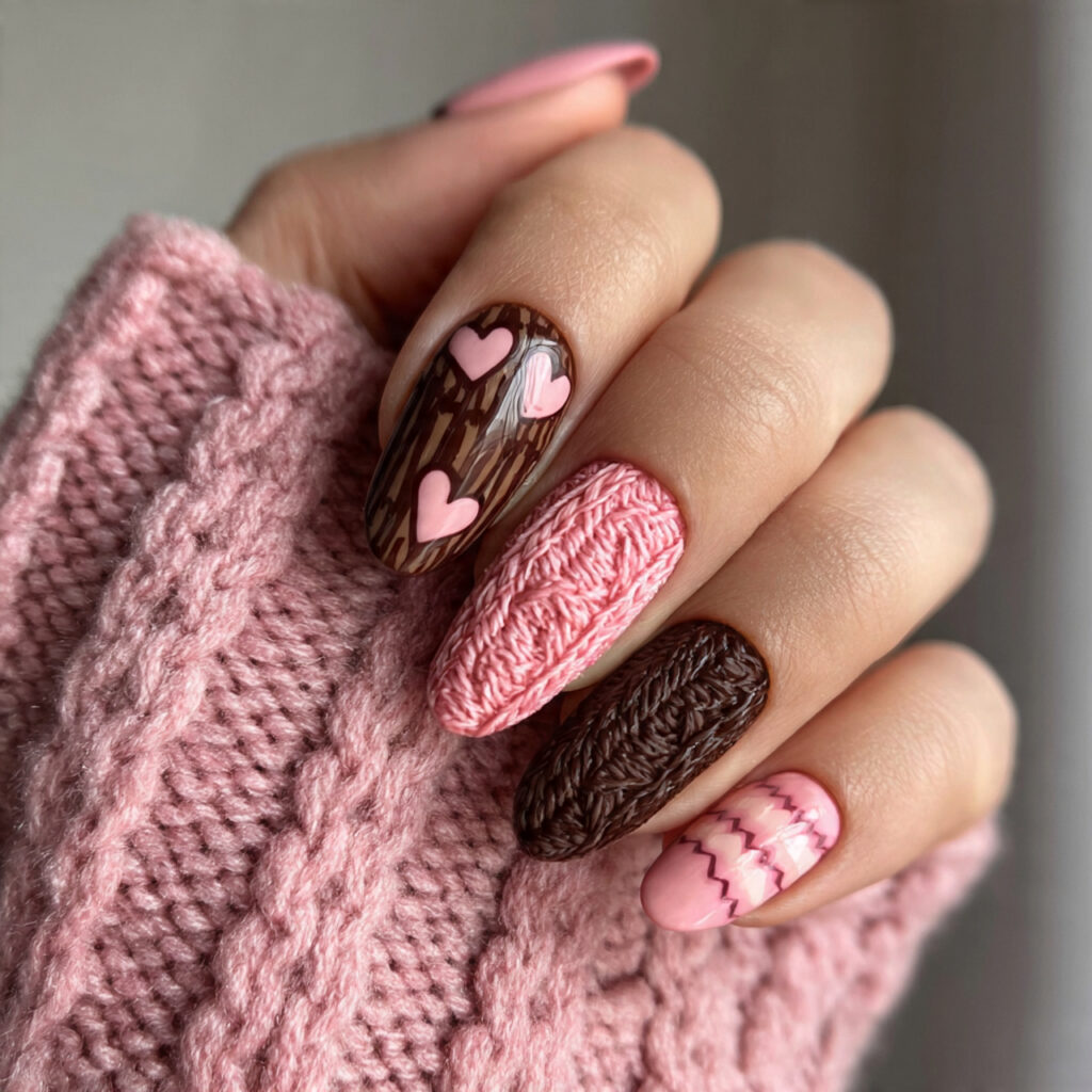 27 February Nail Designs That Are Cute, Classy & Cozy 16 cozy pink and brown february nail designs