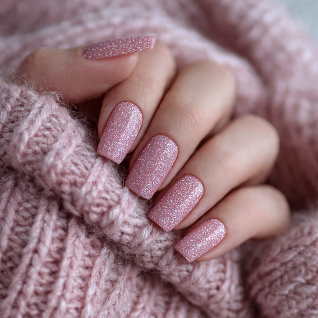 cozy pink shimmer winter glitter nails focus