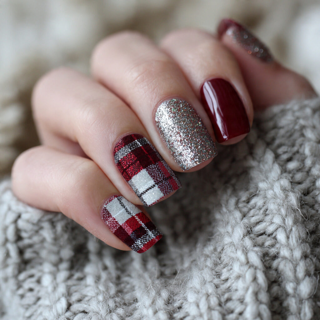 cozy plaid and sparkle nails with muted
