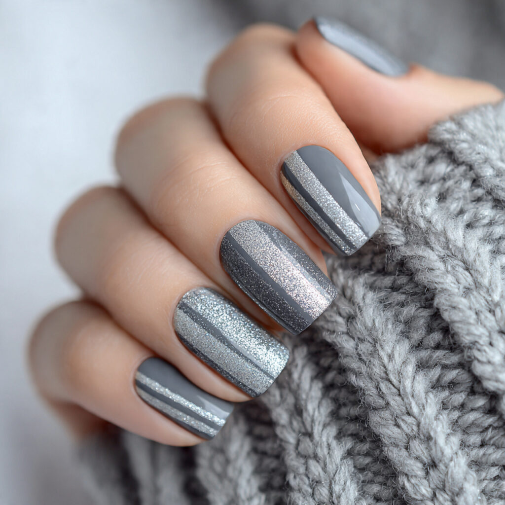 27 Gray Winter Nails That Feel Cozy, Chic, and Cool 19 cozy silver stripe gray winter nails feel