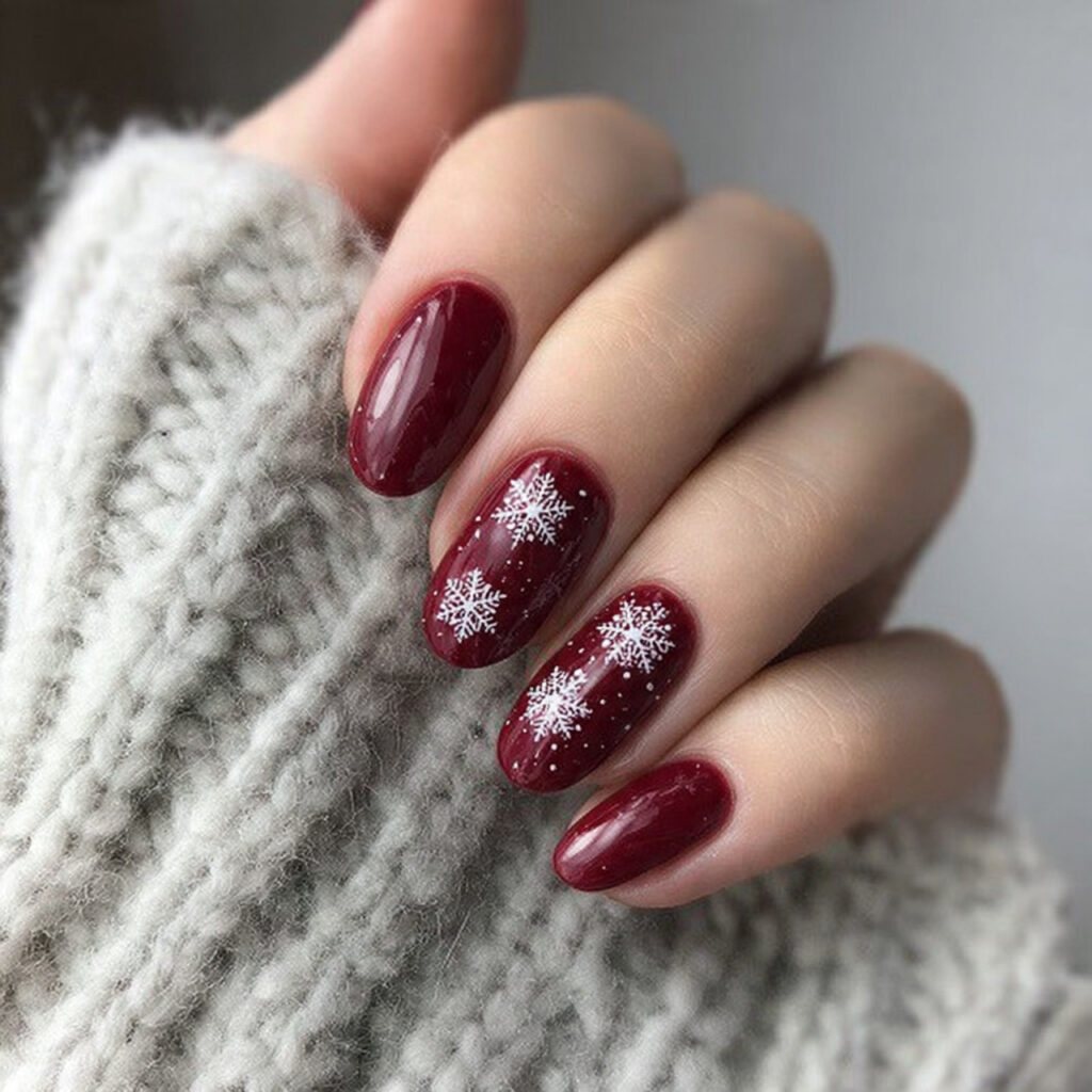27 Burgundy Winter Nails That Feel Cozy, Rich, and Chic 3 cozy snowflake burgundy winter nails feel soft