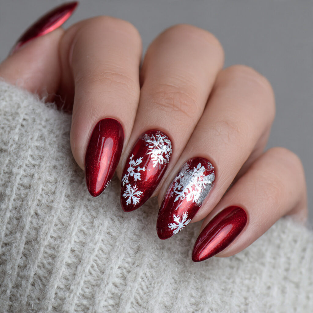 crimson snowflake chrome nails combine festive red