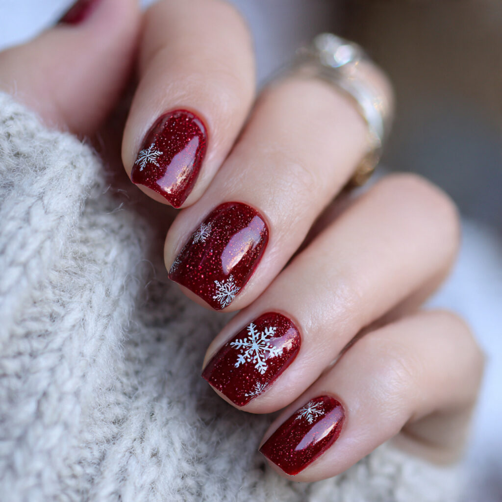crimson sparkle snowflake nails combine deep red