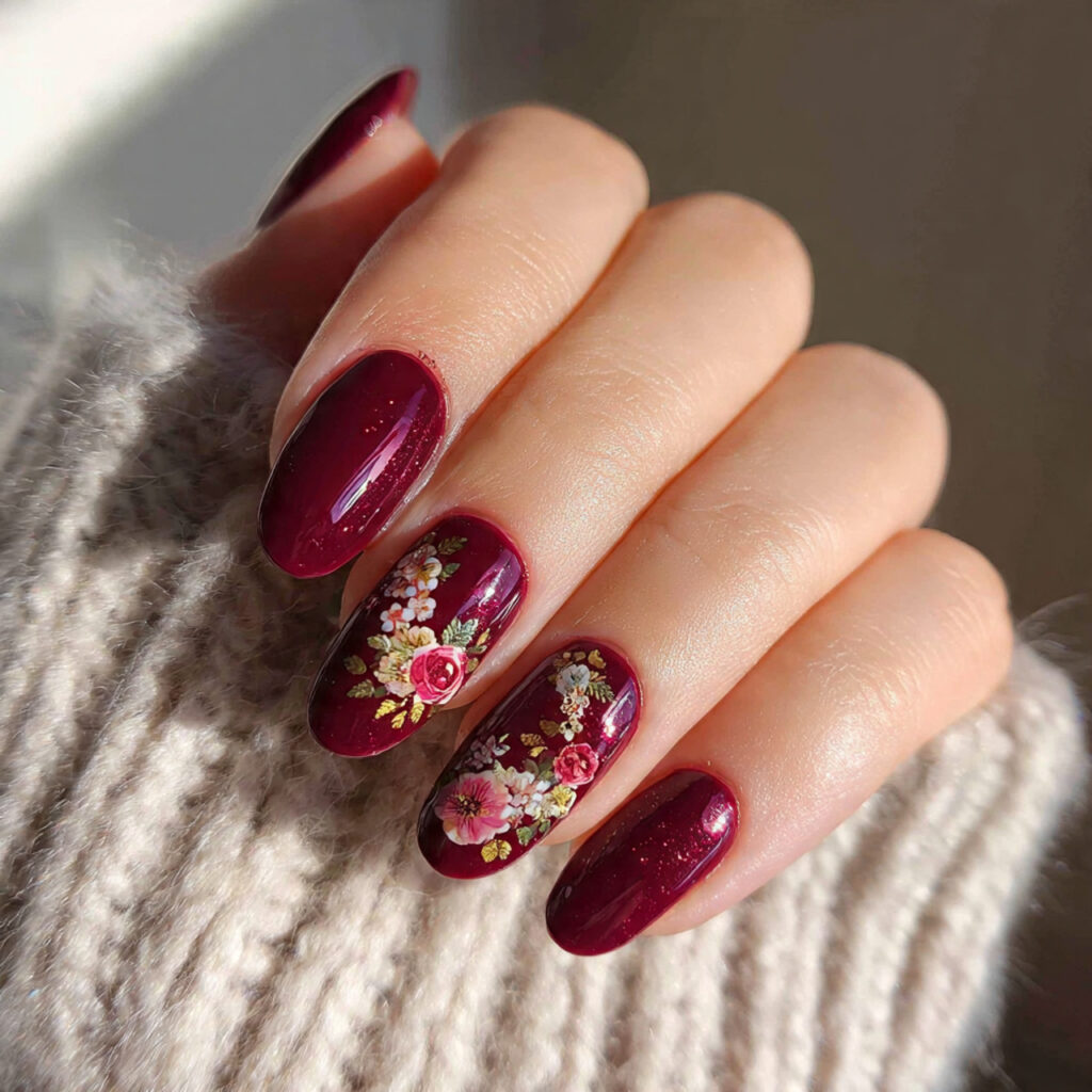 27 Burgundy Winter Nails That Feel Cozy, Rich, and Chic 7 crimson winter floral burgundy nails feel romantic