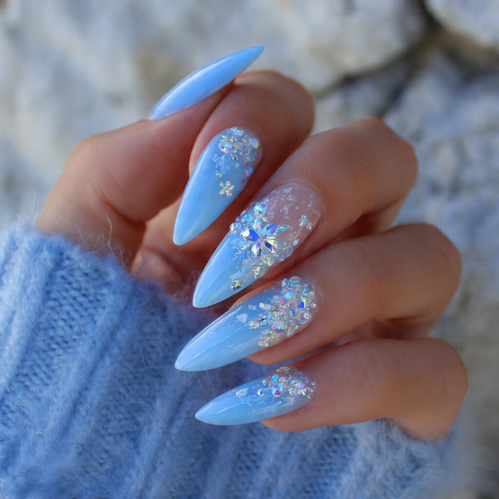 crystal snow glows light blue winter nails
