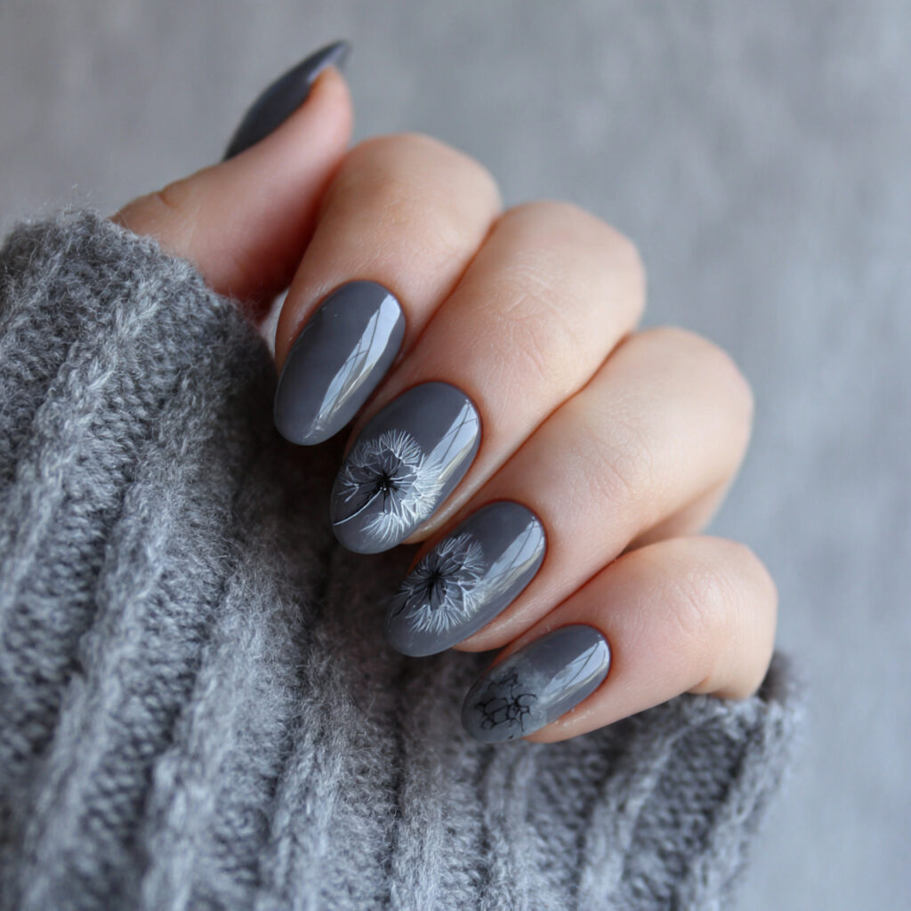 27 Gray Winter Nails That Feel Cozy, Chic, and Cool 12 dandelion winter mist gray nails feel artistic