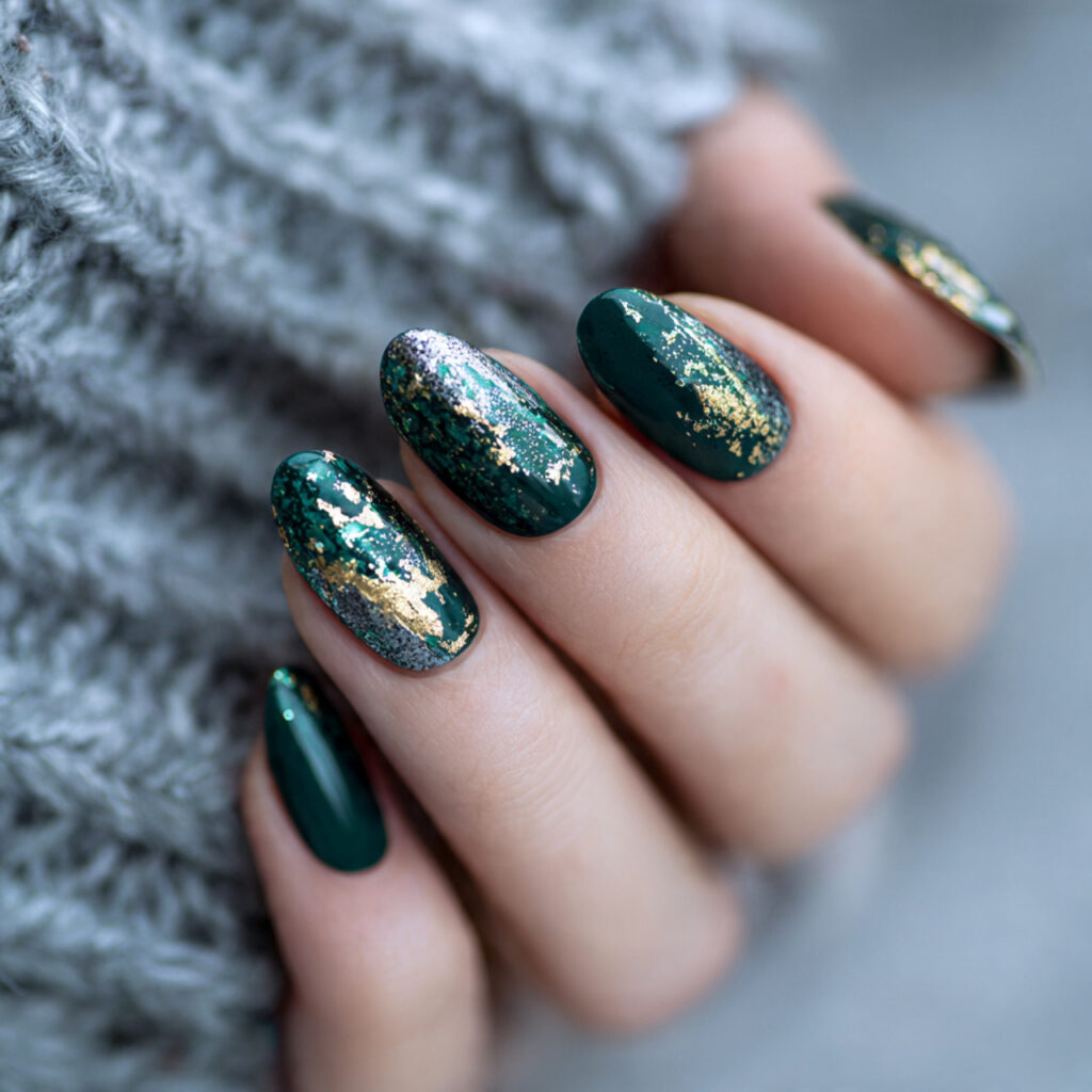 27 Dark Green Winter Nails for a Rich and Cozy Look 22 dark green winter nails with foil details