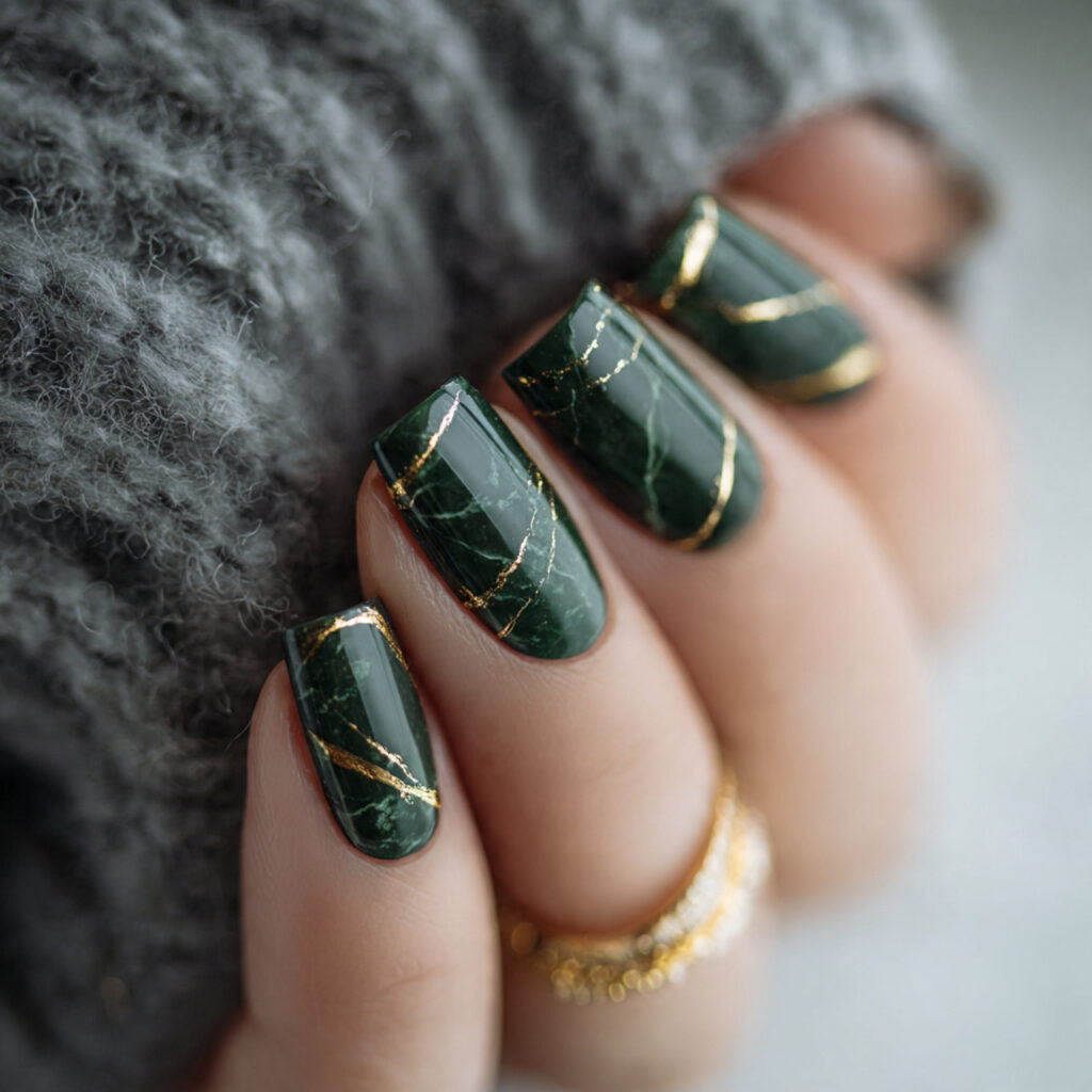 27 Dark Green Winter Nails for a Rich and Cozy Look 4 dark green winter nails with gold accents