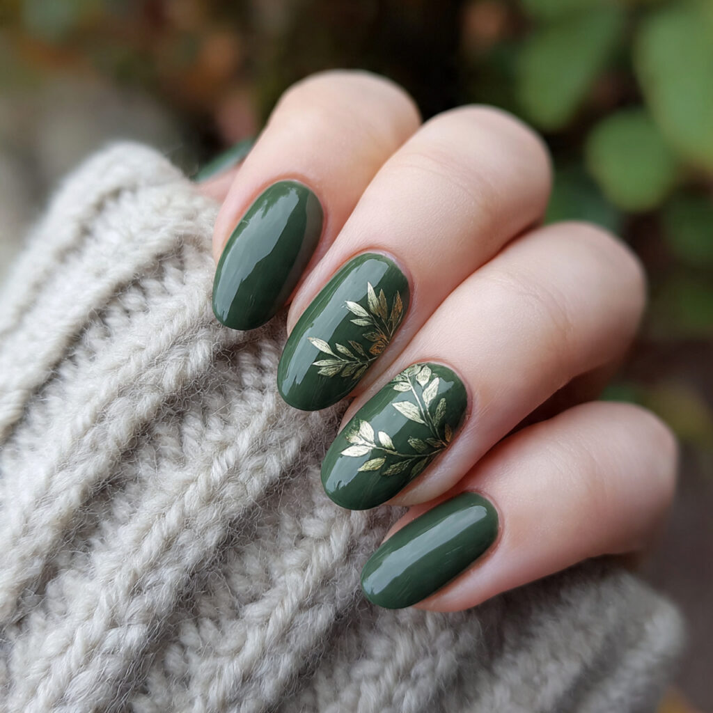 27 Dark Green Winter Nails for a Rich and Cozy Look 18 dark green winter nails with leaf designs