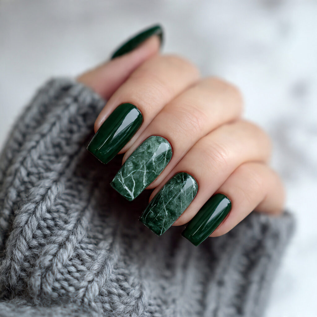 27 Dark Green Winter Nails for a Rich and Cozy Look 19 dark green winter nails with marble effects