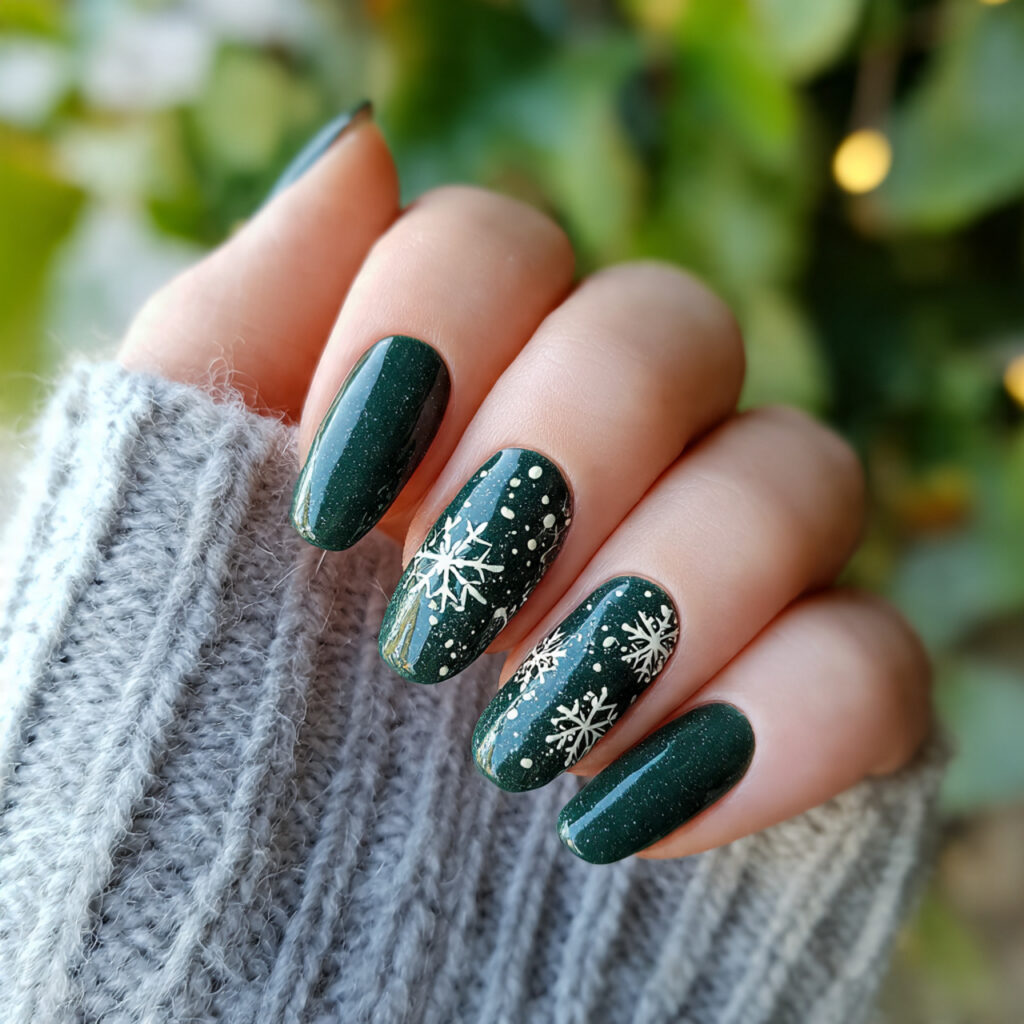 27 Dark Green Winter Nails for a Rich and Cozy Look 6 dark green winter nails with snowflake details