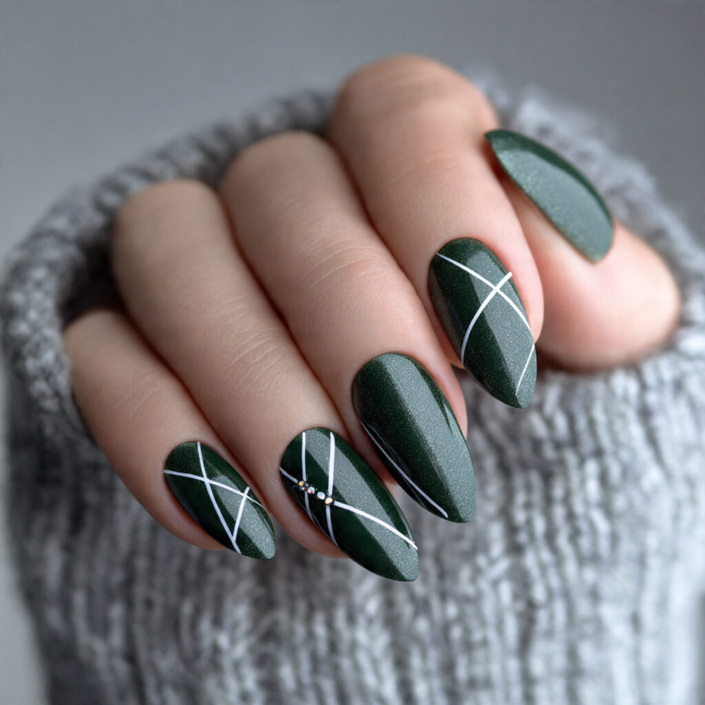 27 Dark Green Winter Nails for a Rich and Cozy Look 11 dark green winter nails with white line