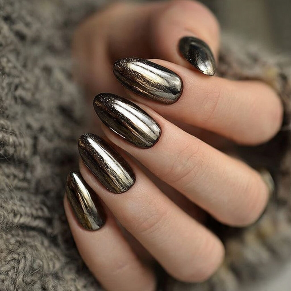 dark metallic nails for a modern shiny