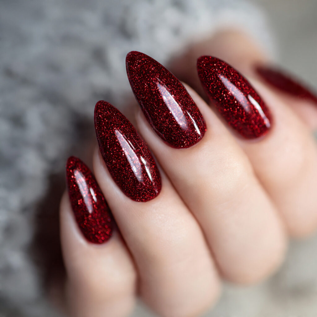 dark red glitter nails combine drama and