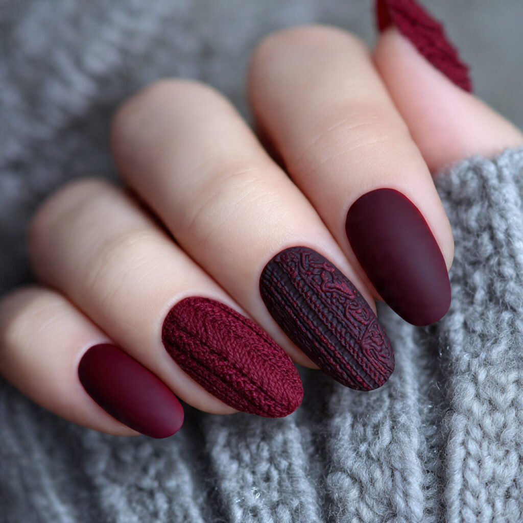 dark red winter nails with frosted finishes