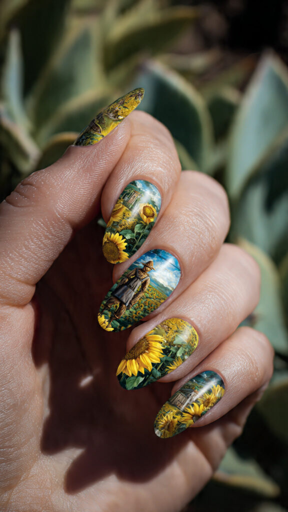 detailed sunflower field nails with scarecrow art