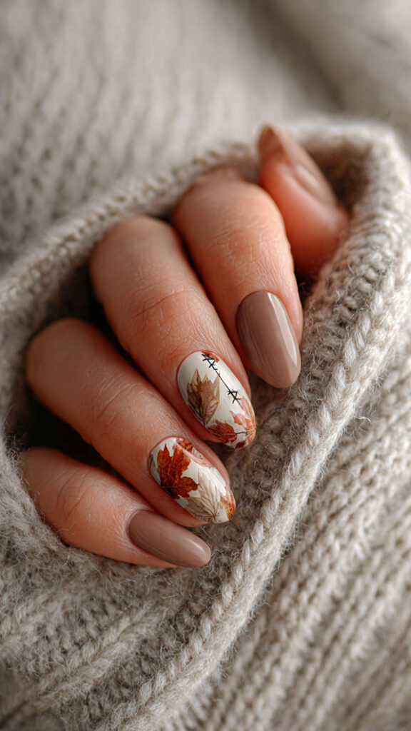 earthy autumn nails with central stitching details