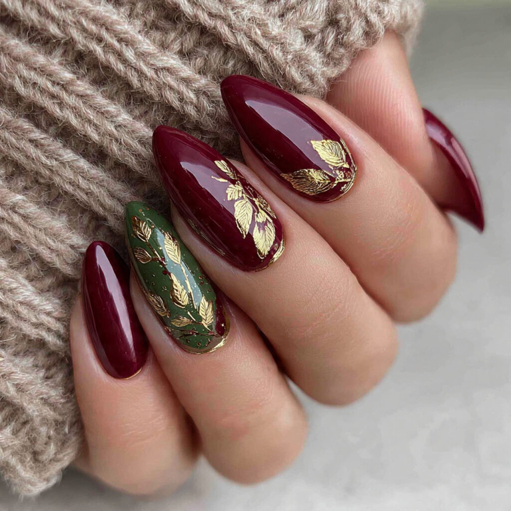 27 Burgundy Winter Nails That Feel Cozy, Rich, and Chic 11 evergreen and burgundy golden leaf nails feel