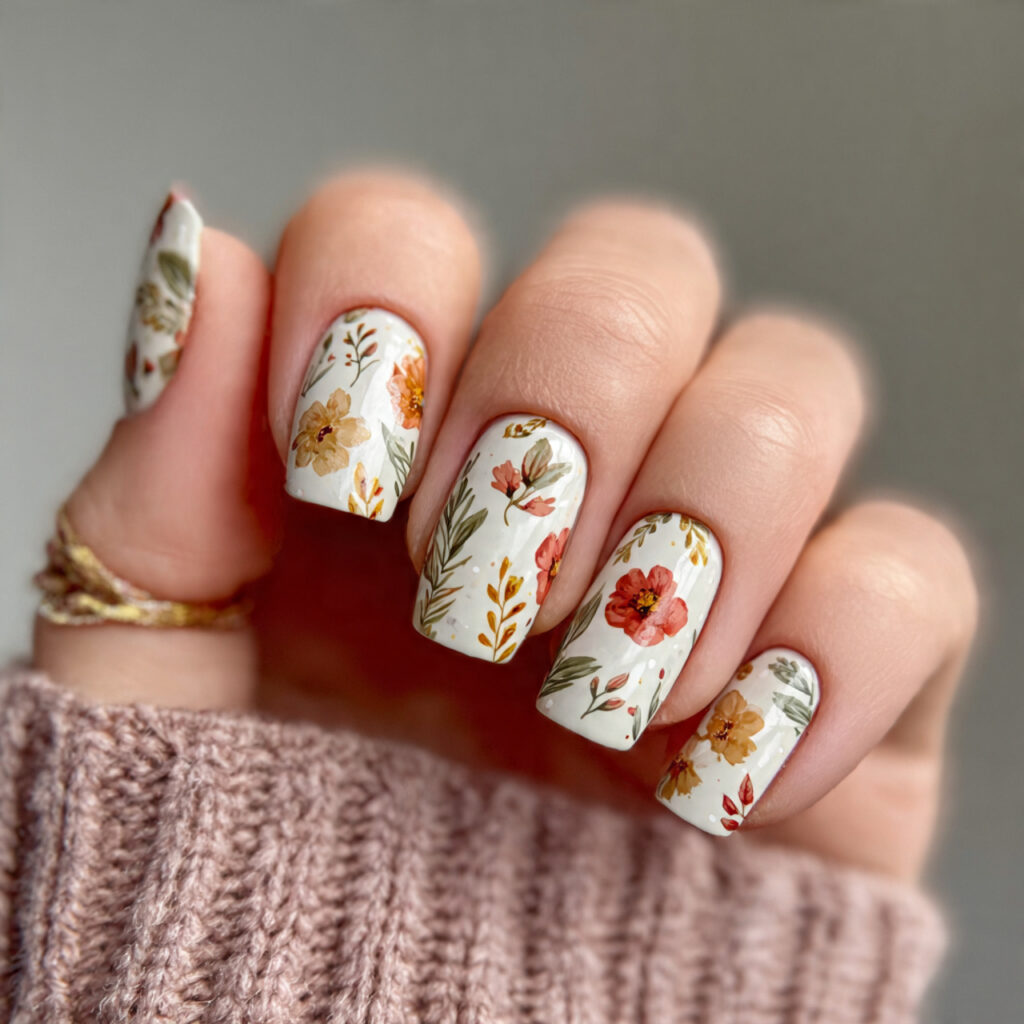 fall floral nails feature small leaves flowers