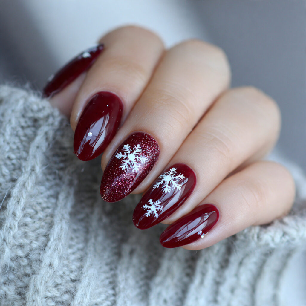 festive frostflake nails feature dark red bases