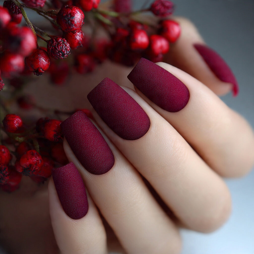27 Burgundy Winter Nails That Feel Cozy, Rich, and Chic 20 frosted berry elegance burgundy nails feel refined