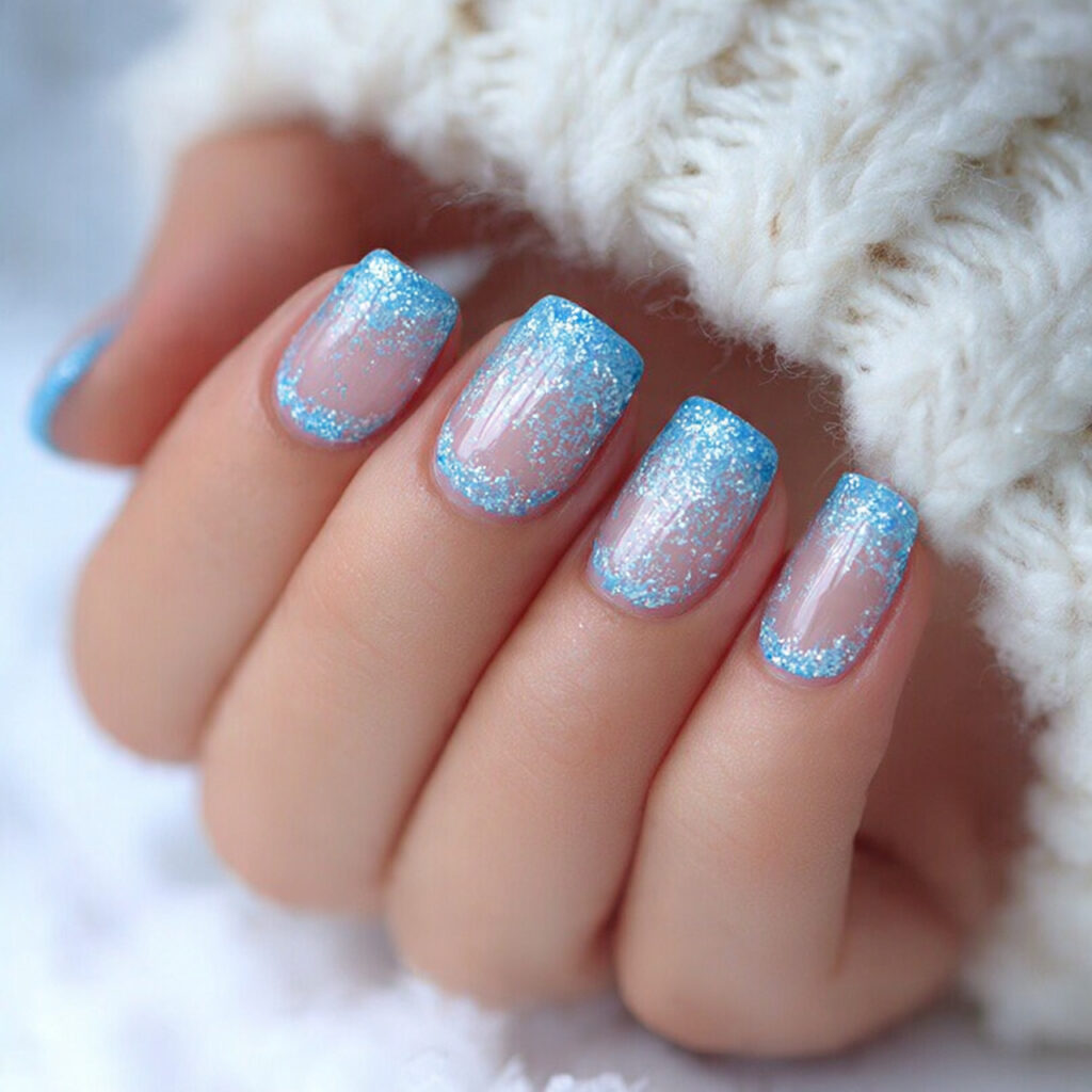frosted blue french tip glitter nails feel
