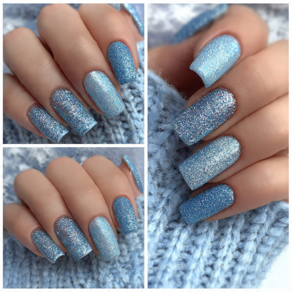 frosted blue glitter short winter nails feel