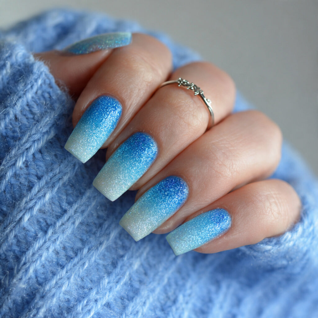frosted blue shimmer ombre nails