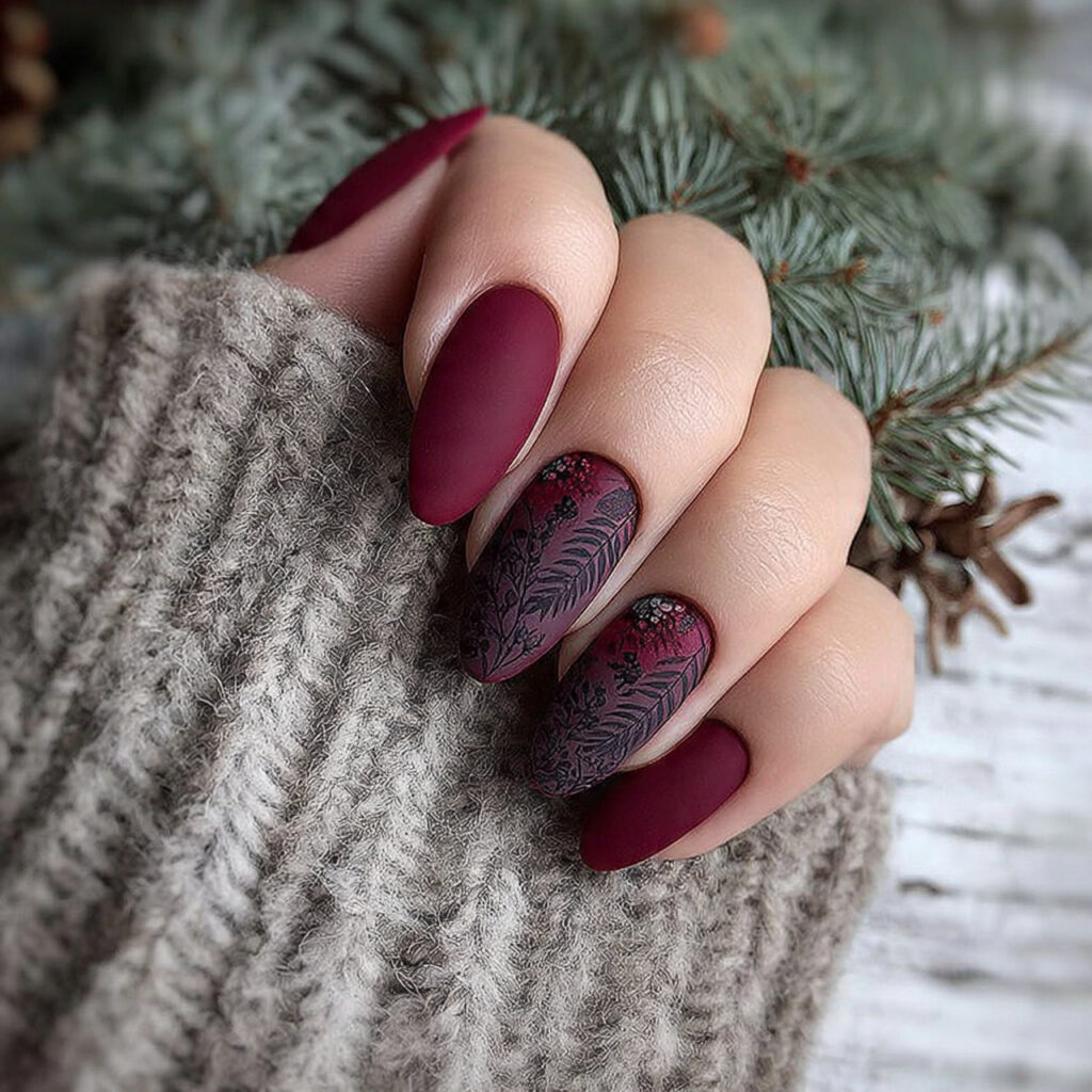 27 Burgundy Winter Nails That Feel Cozy, Rich, and Chic 4 frosted burgundy forest nails feel earthy and