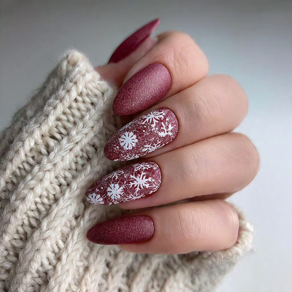 27 Burgundy Winter Nails That Feel Cozy, Rich, and Chic 19 frosted burgundy snowfall nails feel soft and
