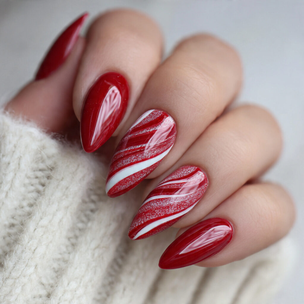 frosted candy swirl red nails