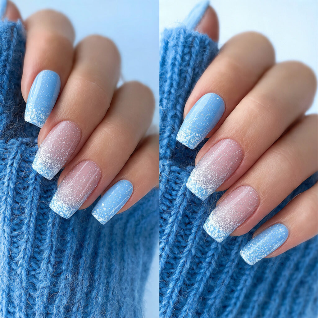 frosted french tip light blue winter nails
