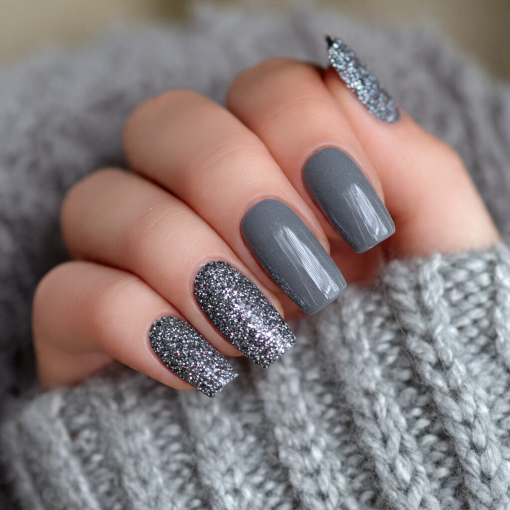 27 Gray Winter Nails That Feel Cozy, Chic, and Cool 5 frosted glitter storm gray winter nails feel