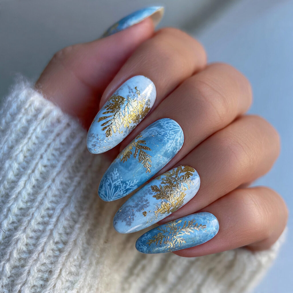 frosted gold elegance nails blend icy blue