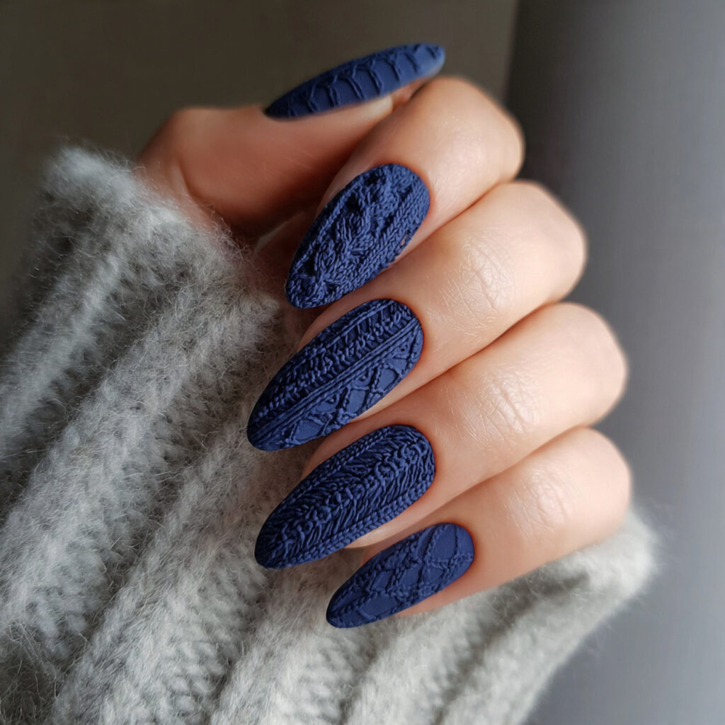 27 Navy Blue Winter Nails That Feel Cozy, Bold, and Chic 22 frosted knit elegance navy nails feel soft