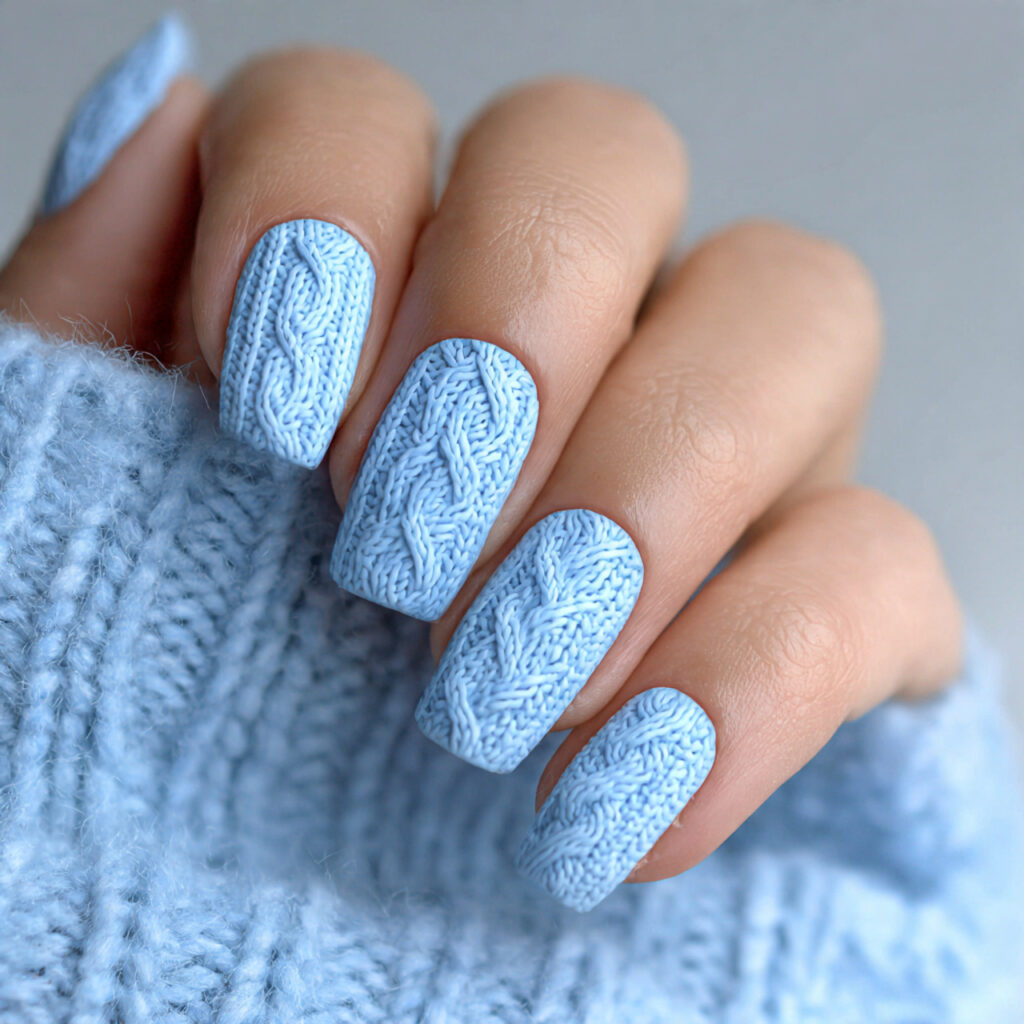 frosted knit tip light blue winter nails